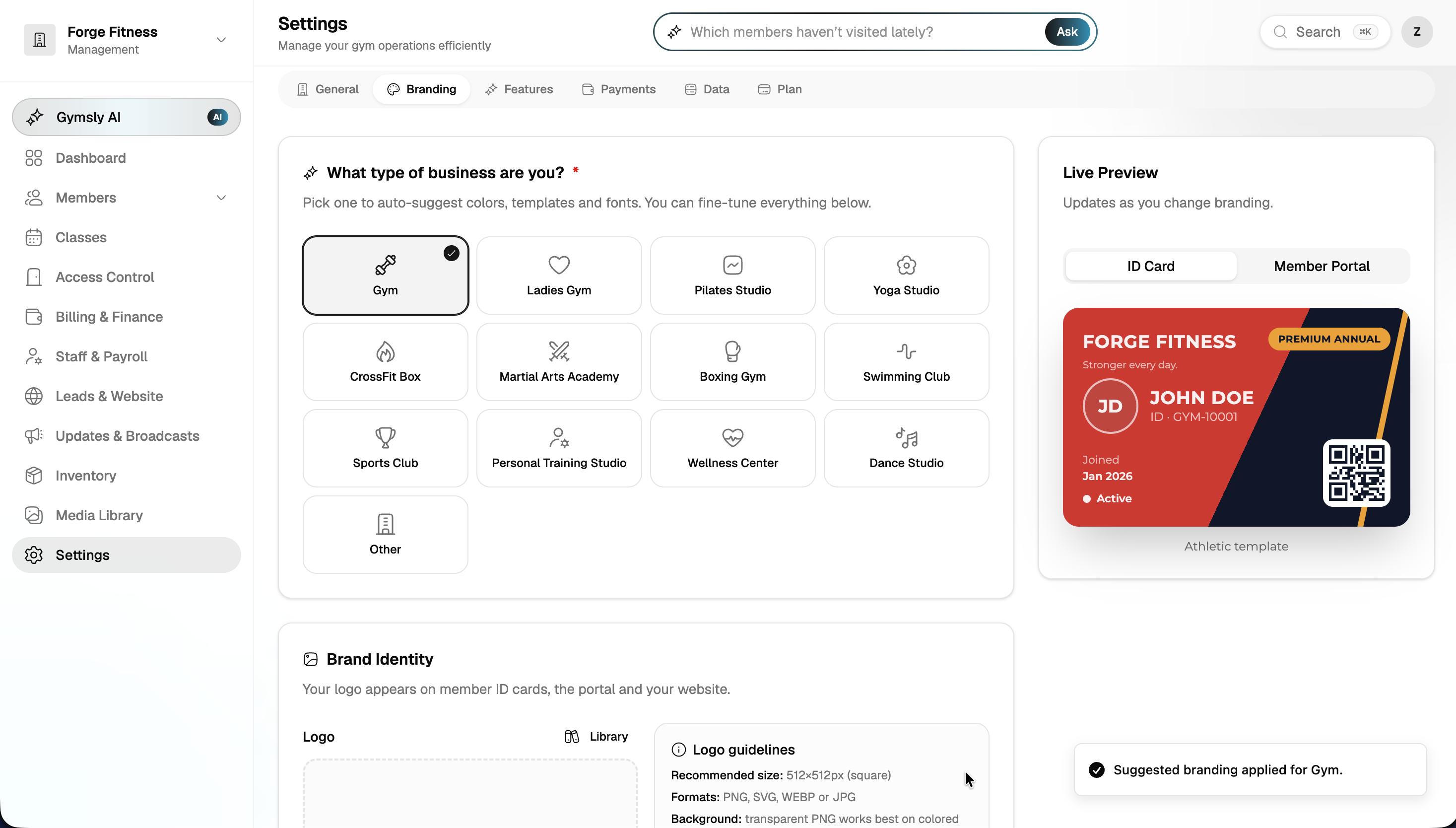 Branding settings with gym type selected and a live athletic ID card preview