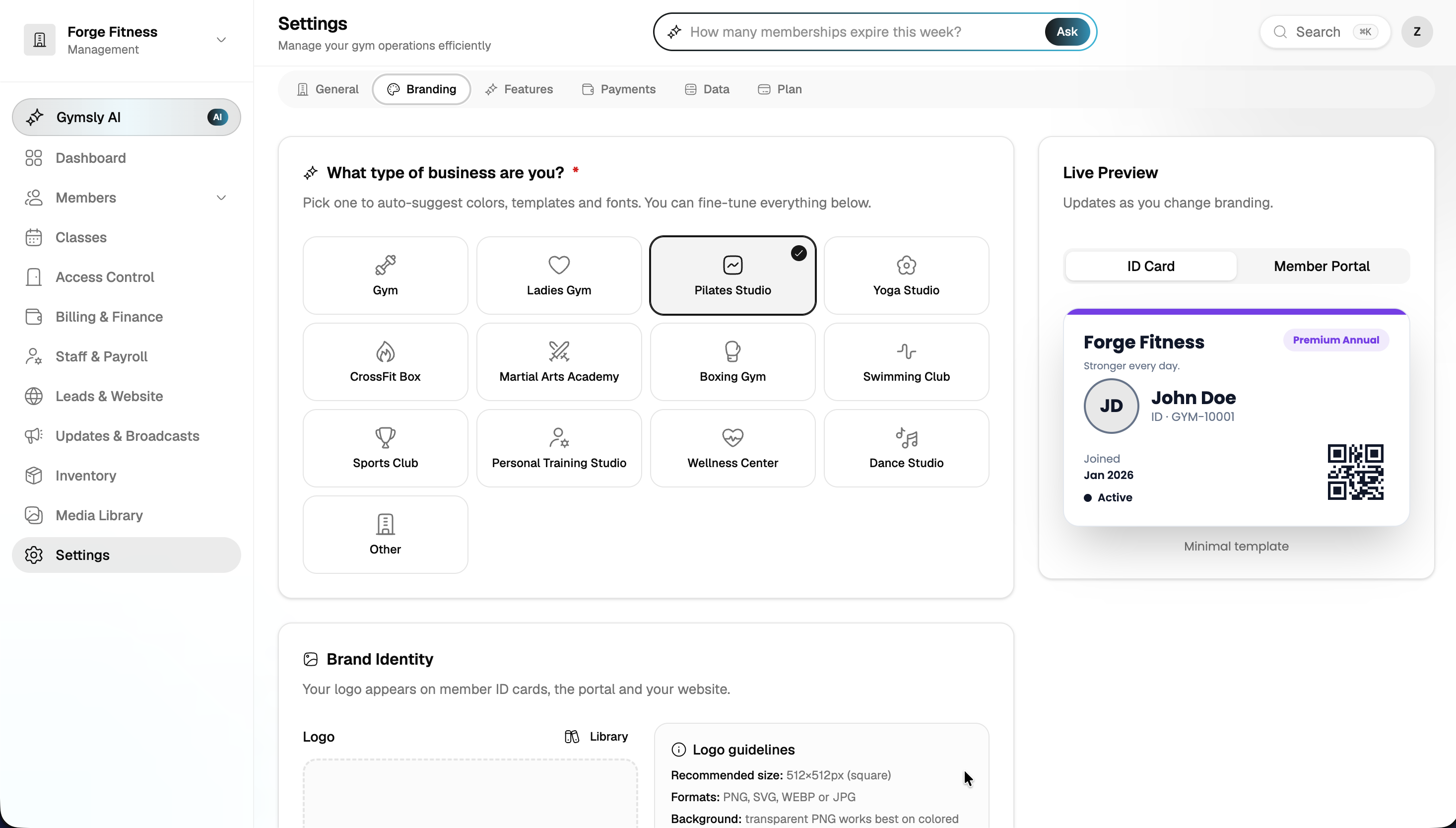 Branding settings with business type, logo, and live ID card preview