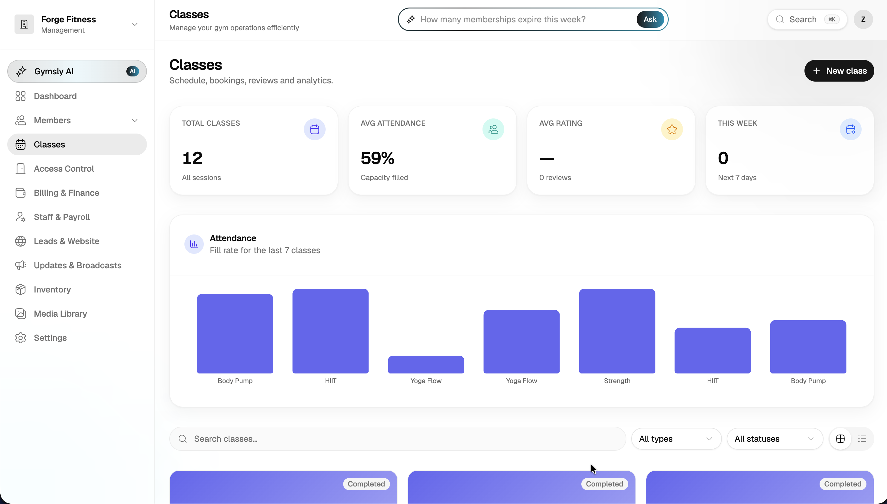 Class schedule with attendance chart, session cards, and booking stats