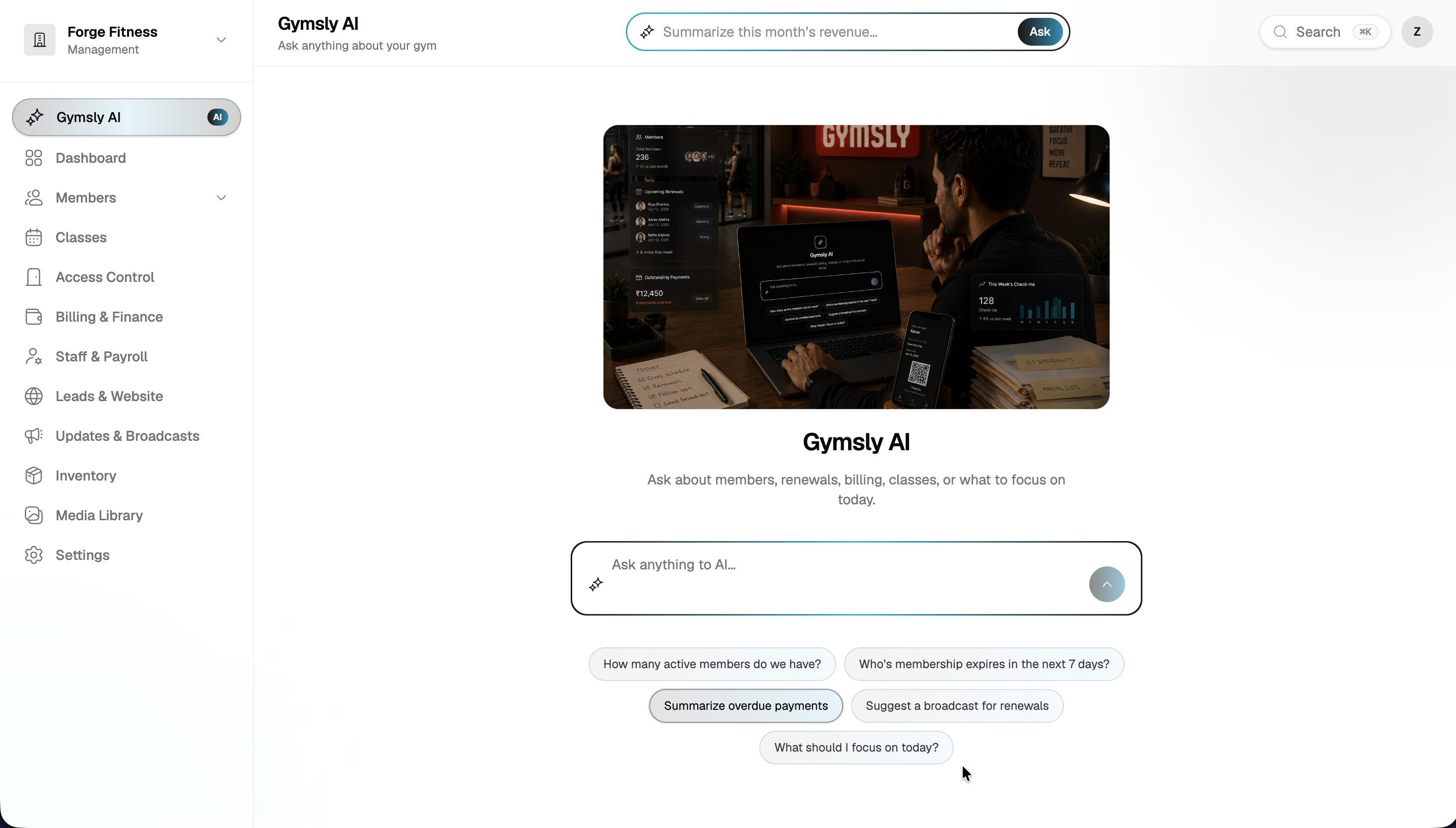 Gymsly AI assistant with suggested questions about members, renewals, overdue payments, and daily focus