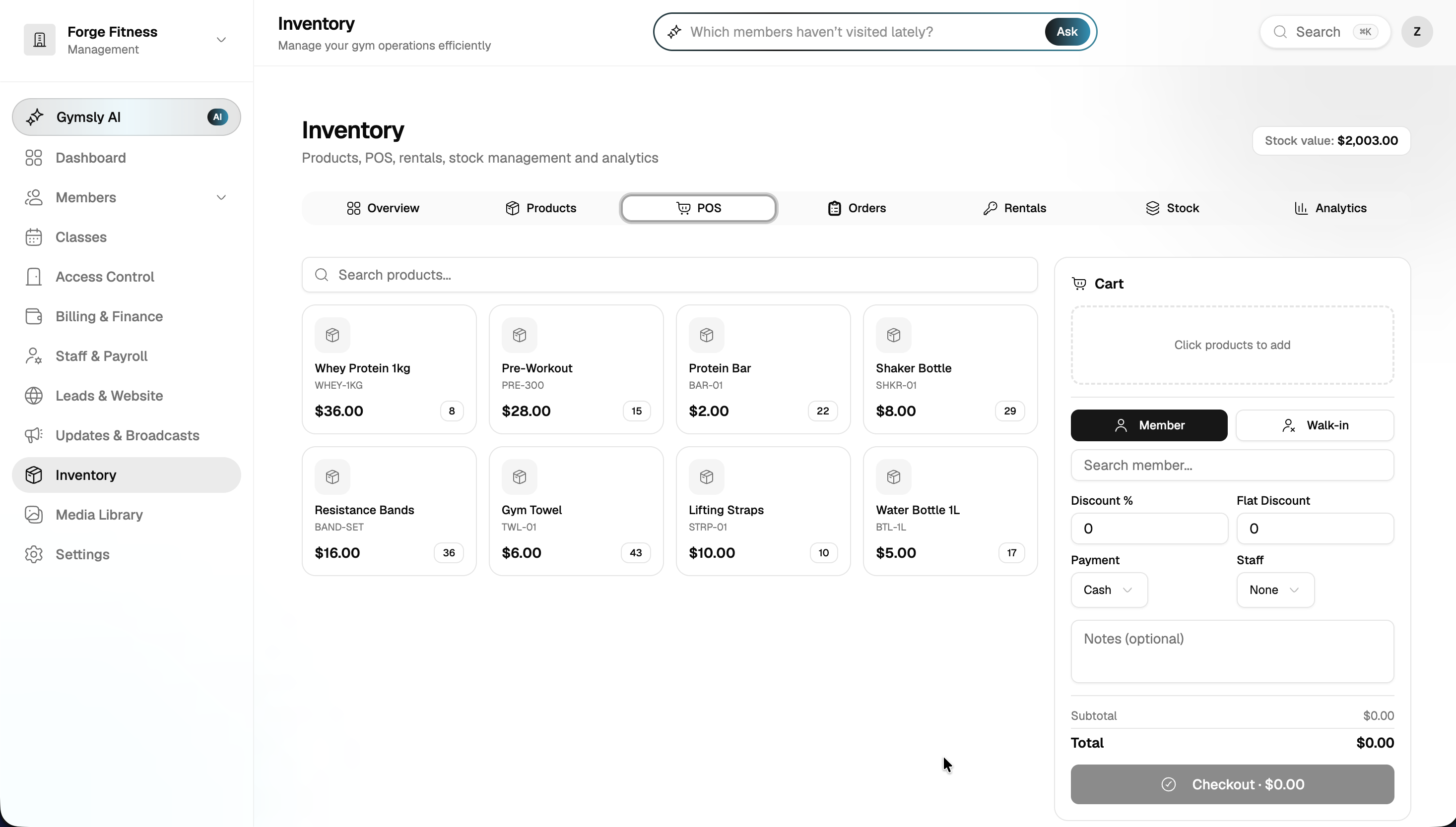 Inventory POS with product grid, stock levels, and checkout cart