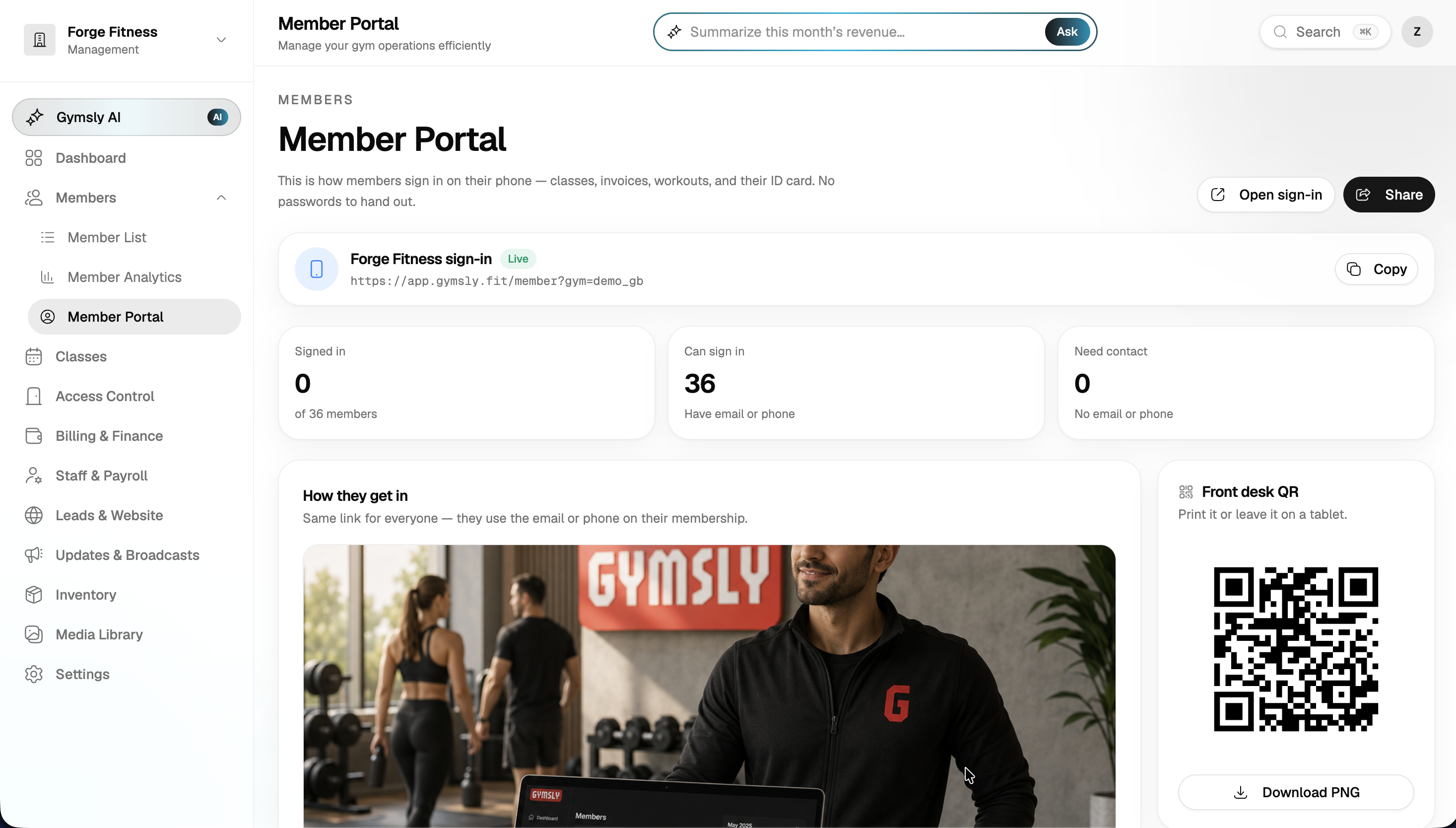 Member portal settings with passwordless sign-in link, front-desk QR code, and member access stats