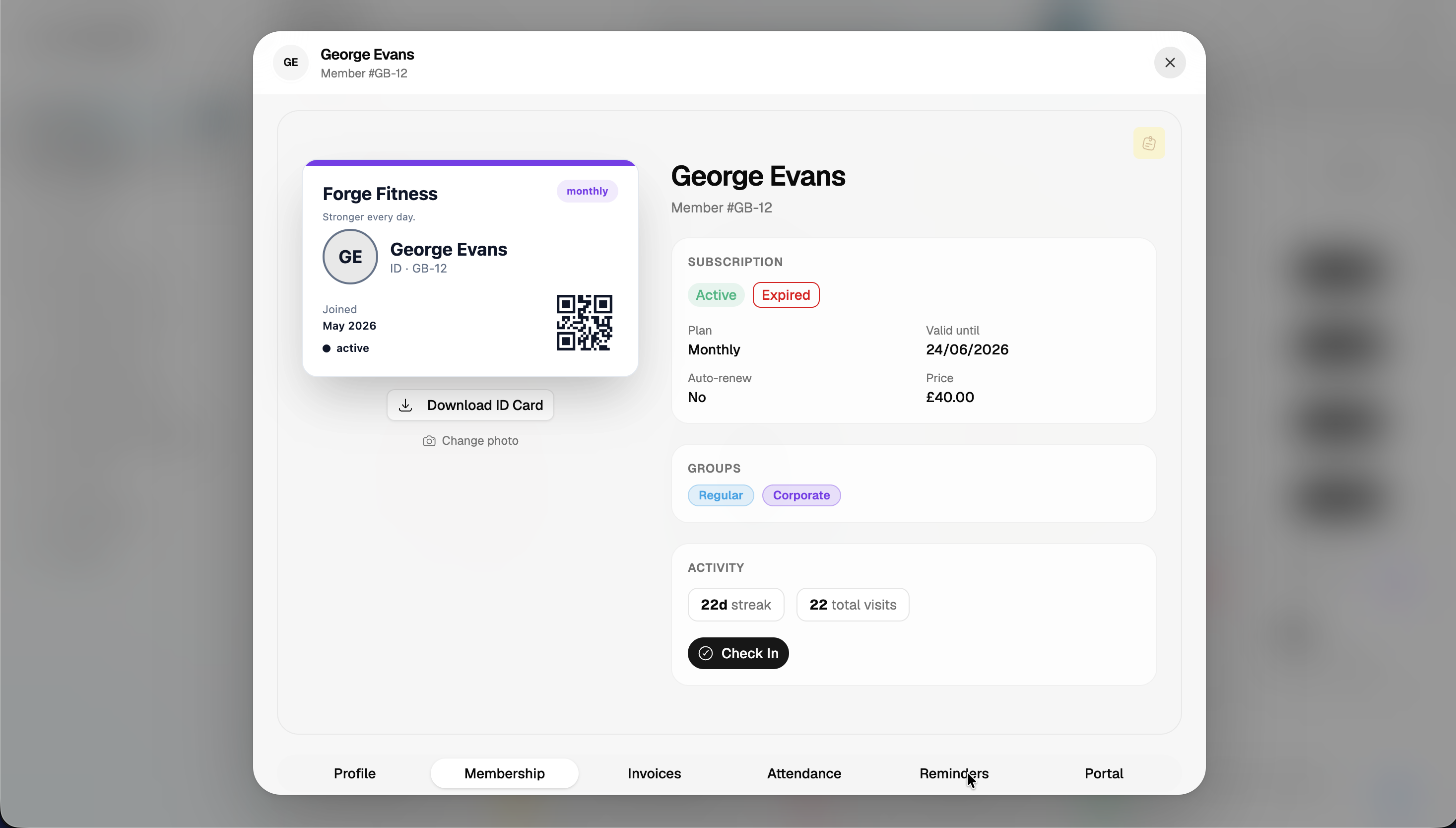 Single member profile with digital ID card, membership status, groups, and check-in