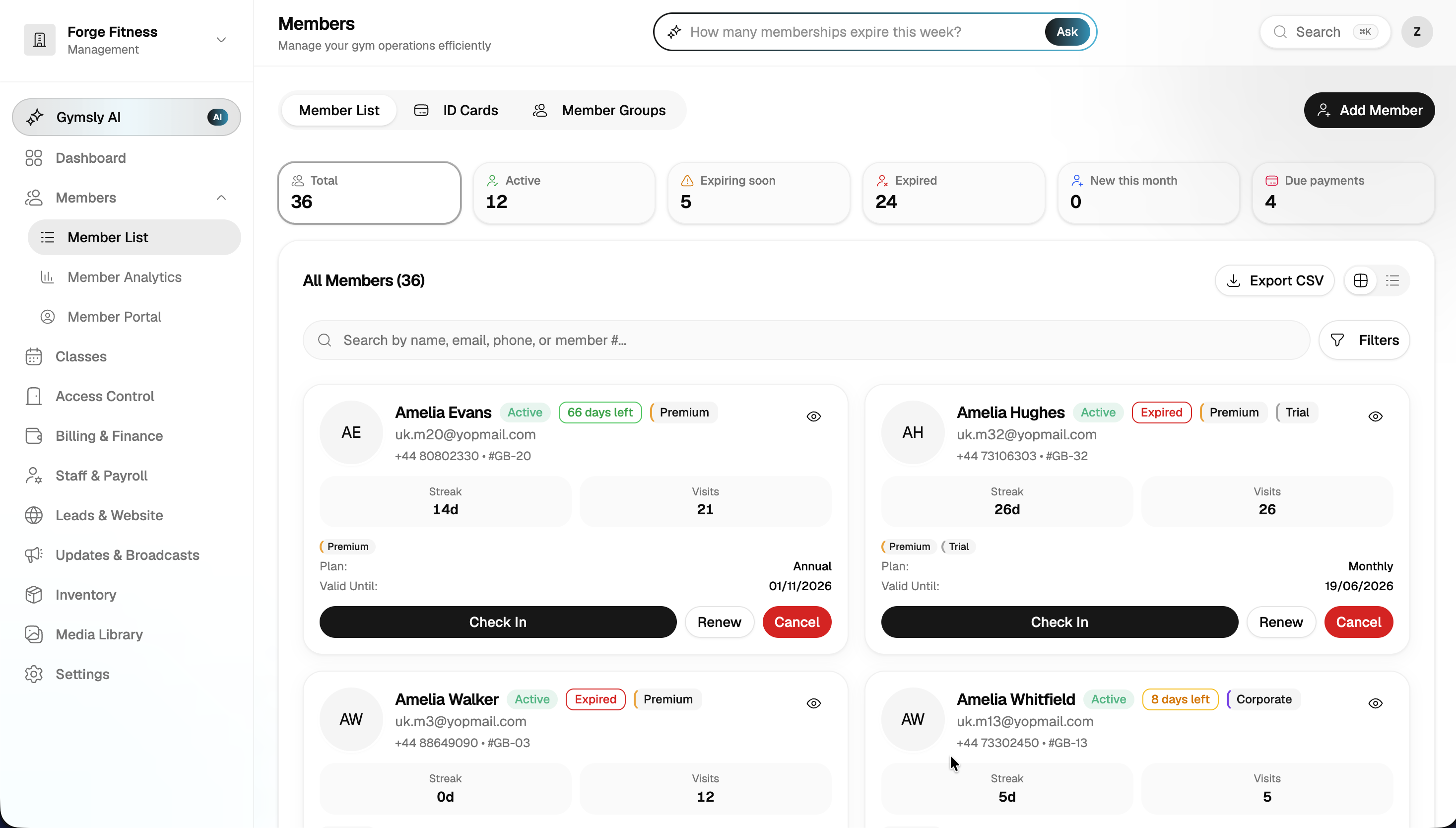 Member list with status cards, streaks, visits, and check-in actions