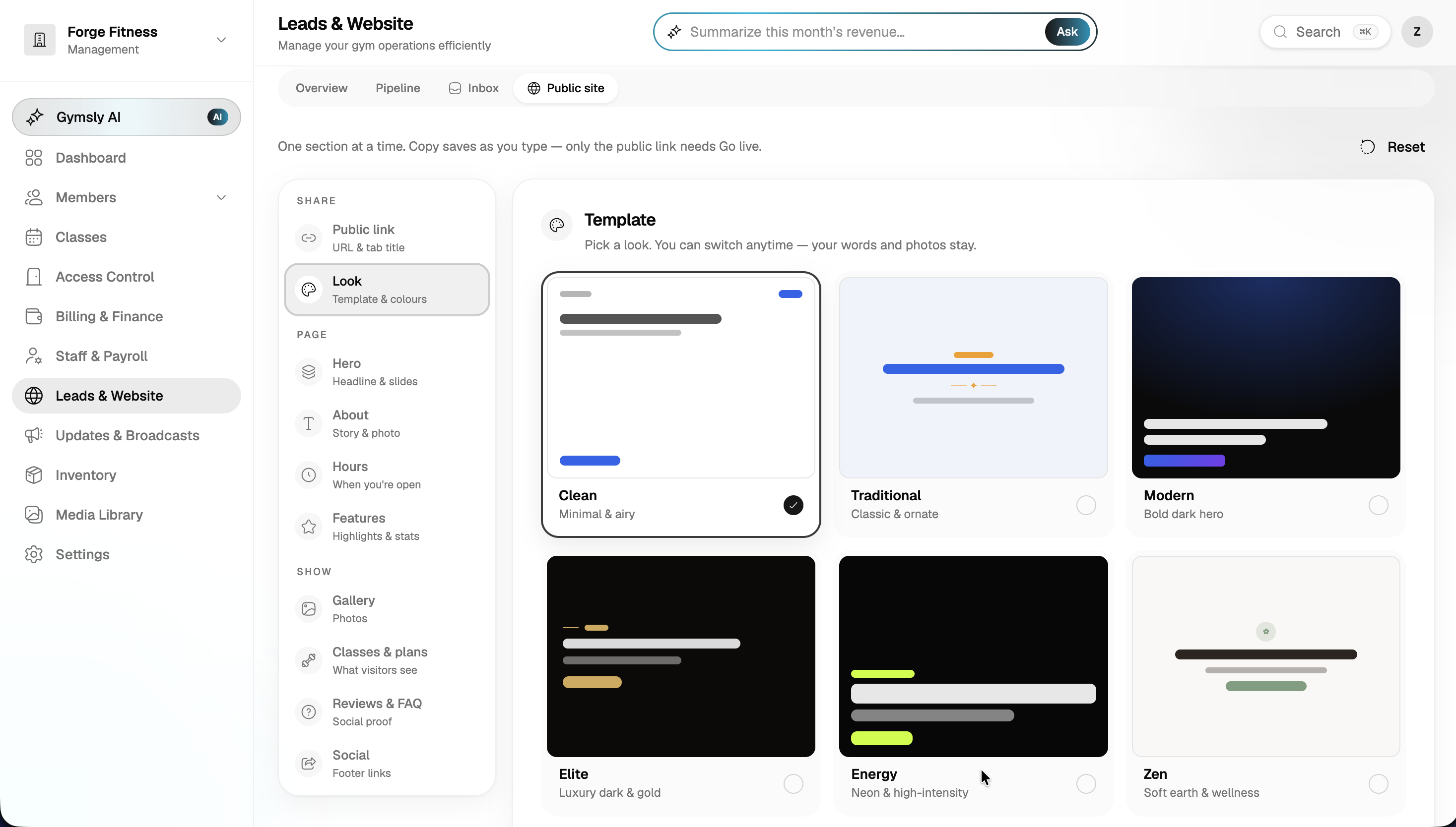 Gym website builder with template picker for the public gym page