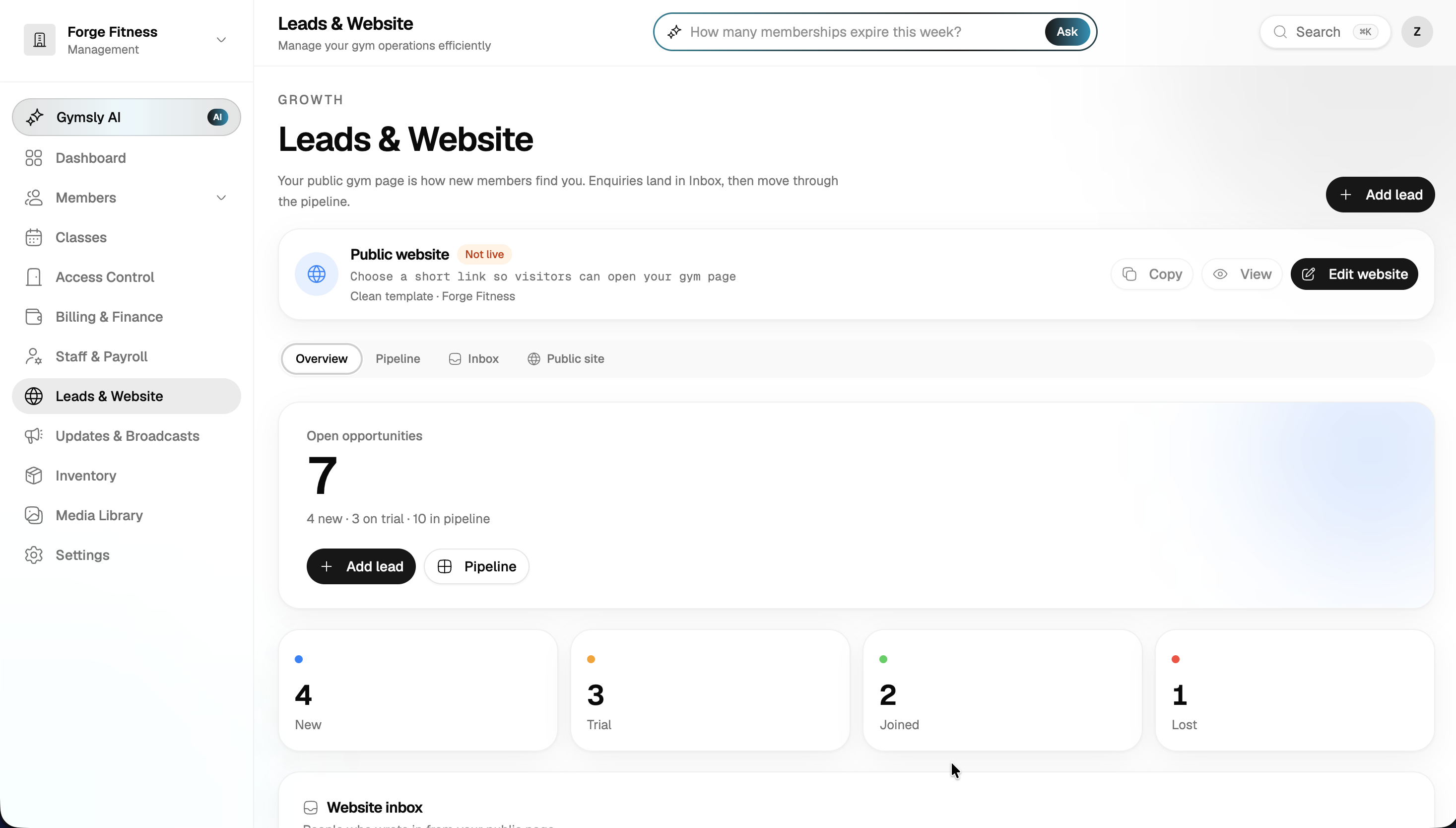 Leads and website overview with public gym page status and open opportunities
